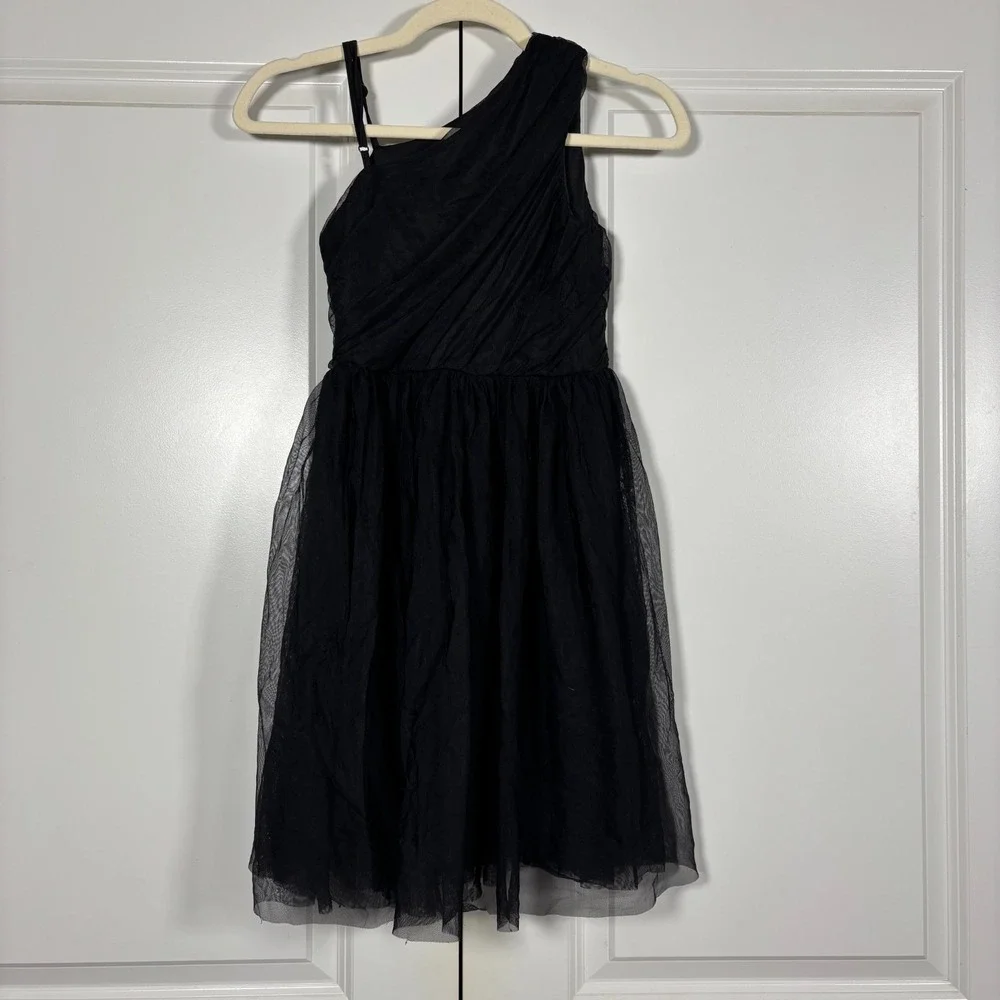 Girls Tulle Mini Dress Black One Shoulder Ruched Cocktail Party Lined 150 10-12
